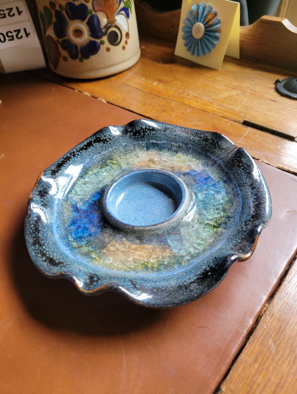 Hand Thrown/Glass Fused Drip Glazed Votive Candle Holder Made In USA
